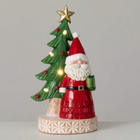 8" LED Polyresin Red Santa With a Tree Figurine