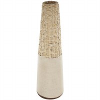 26" Beige Wicker and Ceramic Vase