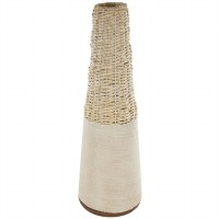 22" Beige Wicker and Ceramic Vase