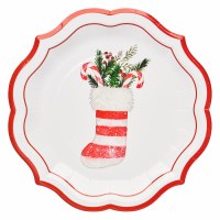 Pack of Eight 8" Round Merry & Bright Christmas Stocking Paper Plates