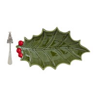 7" x 12" Green Ceramic Holly Tray With a Spreader by Mud Pie