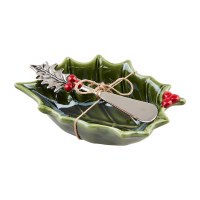 6" Green Ceramic Holly Bowl With a Spreader by Mud Pie