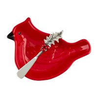 6" Red Ceramic Cardinal Bowl With a Spreader by Mud Pie