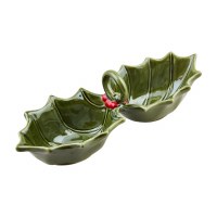 11" Green Two Compartment Ceramic Holly Bowl by Mud Pie