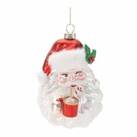 5" Red and White Santa With a Mug Glass Ornament