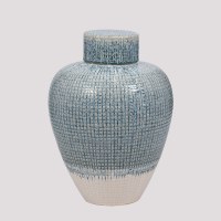 15" Blue and White Ceramic Grid Jar With a Lid