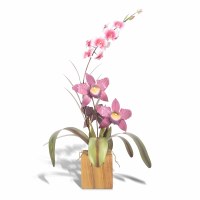 27" Multicolor Metal Cattaleya and Dendrobium Orchids on a Teak Wood Base Sculpture MM920