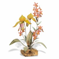 24" Metal Radican and Lady Slipper Orchids on a Teak Wood Base Sculpture MM929