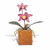 10" Small Multicolor Metal Cattaleya Orchid on a Teak Wood Base Sculpture MM930