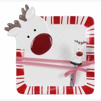 12" Sq Red and White Ceramic Reindeer Plate With a Fork