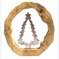 14" Silver Tree in a Wood Log Statue