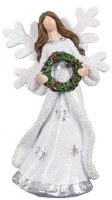 7" White and Silver Polyresin Angel Holding a Wreath Figurine