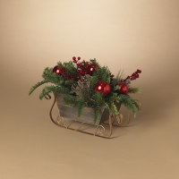 17" Red Ornaments and Faux Pine in a Sleigh Arrangement