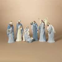 Set of Seven Light Blue Polyersin Nativity Scene Figurines