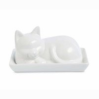 7" White Ceramic Cat Butter Dish