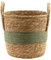 11" Natural and Green Woven Basket With Handles