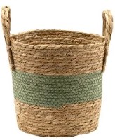 10" Natural and Green Woven Basket With Handles