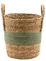 9" Natural and Green Woven Basket With Handles