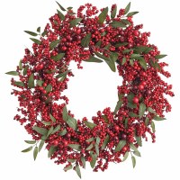 24" Round Faux Red Berries and Green Leaves Wreath