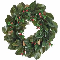 26" Round Faux Holly and Pine Leaf Wreath