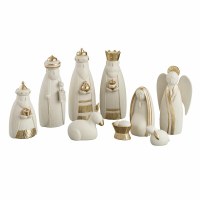 Set of Nine White and Gold Polyresin 2"-9" Modern Nativity Scene Figurines