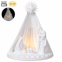 12" LED White Ceramic Holy Family With a Star Statue