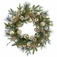 24" Round Faux Mixed Pine and Gold Ornament Wreath