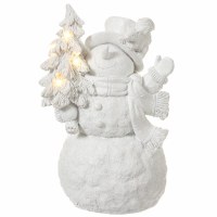 8" LED White Polyresin Snowman Holding a Tree Figurine