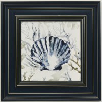 20" Sq Navy Scallop Shell Gel Textured Coastal Print in a Navy With Gold Stripes Frame