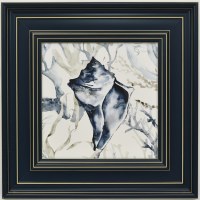 20" Sq Navy Whelk Shell Gel Textured Coastal Print in a Navy With Gold Stripes Frame