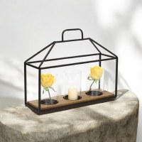 15" x 19" Rectangle Metal Lantern With Three Glass Hurricanes