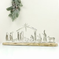 8" x 20" Silver Metal and Wood Nativity Scene Figurine