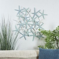 32" Sq Light Blue, Green, and White Starfish Coastal Metal Wall Art Plaque