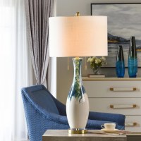 36" Blue and Green Drips and White Ceramic Table Lamp