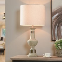 33" Beige and Silver Column Table Lamp