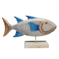 11" Blue Dots Coastal Wood Fish on a Stand