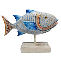 9" Blue Dots Coastal Wood Fish on a Stand