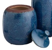 9" Dark Blue Palm Frond Ceramic Jar With a Lid