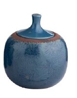 8" Dark Blue Palm Frond Ceramic Jar With a Lid