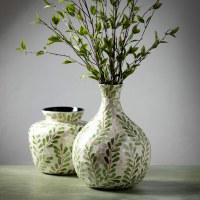 14" Green and Cream Leaves Mosaic Vase