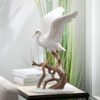 19" White Polyresin Heron on a Branch Coastal Sculpture