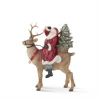 11" Multicolor Santa Sitting on a Reindeer With a Tree Polyresin Statue