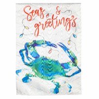 44" x 28" "Seas & Greetings" Blue and Green Crab Large Coastal Christmas House Flag