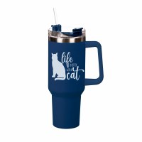 40 Oz Blue and White "Life is Better With a Cat" Stainless Steel Cat Travel Mug