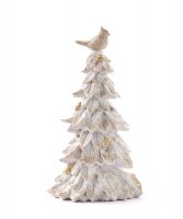 13" LED Distressed White and Gold Polyresin Tree With a Bird on Top