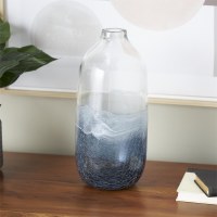 14" White and Dark Blue Crackle Glass Vase