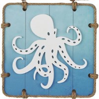 16" Sq White and Blue Octopus Coastal Wood Wall Art Plaque