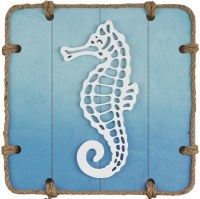 16" Sq White and Blue Seahorse Coastal Wood Wall Art Plaque