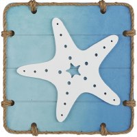 16" Sq White and Blue Starfish Coastal Wood Wall Art Plaque