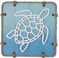 16" Sq White and Blue Sea Turtle Coastal Wood Wall Art Plaque